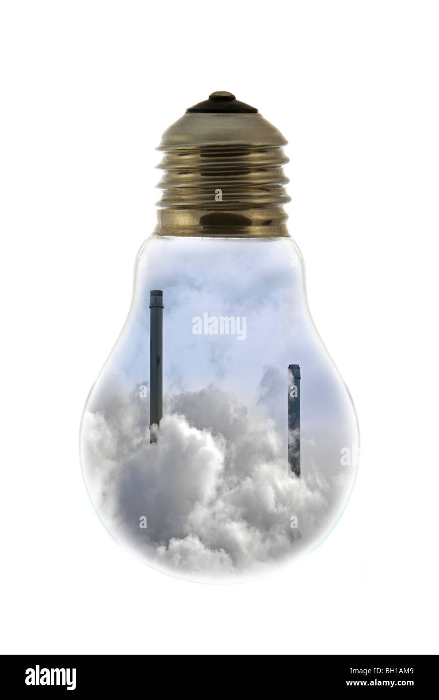 Schornsteine bedeckt in Rauch innen weißglühende Lampe / Birne vor weißem Hintergrund Stockfoto