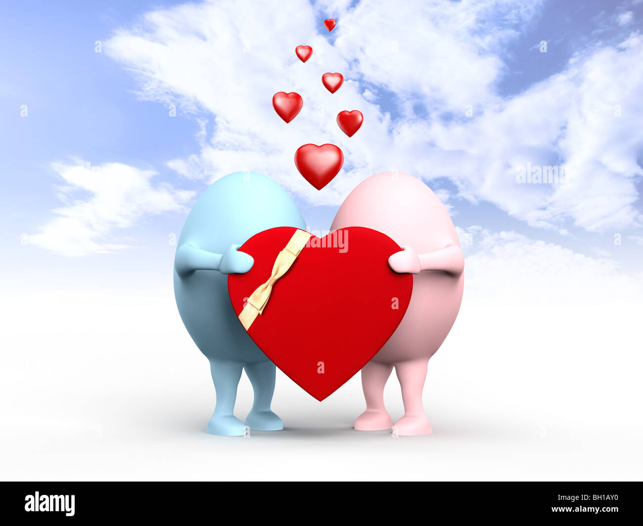 3D Darstellung der ein süßes Paar Eierkopf Zeichen in der Liebe hält eine rote Valentine unter blauem Himmel Stockfoto