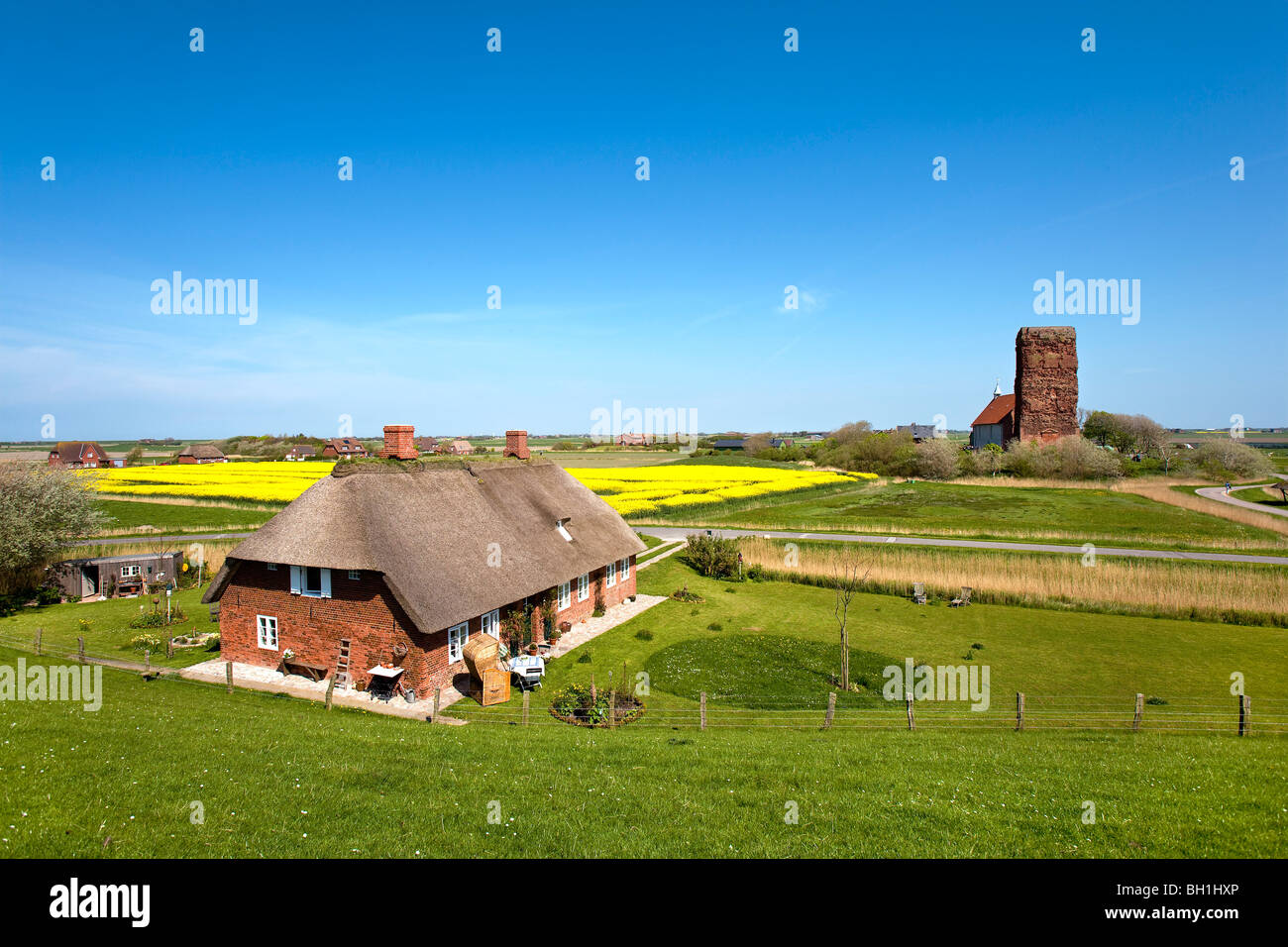 St. Salvator Kirche und reetgedeckten Haus, die Insel Pellworm, Nordfriesischen Inseln, Schleswig-Holstein, Deutschland Stockfoto