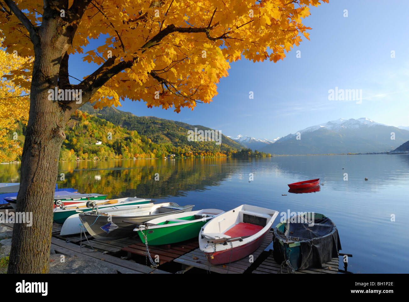 Boote am Zeller See im Herbst, Zell am See, Salzburg, Österreich Stockfoto