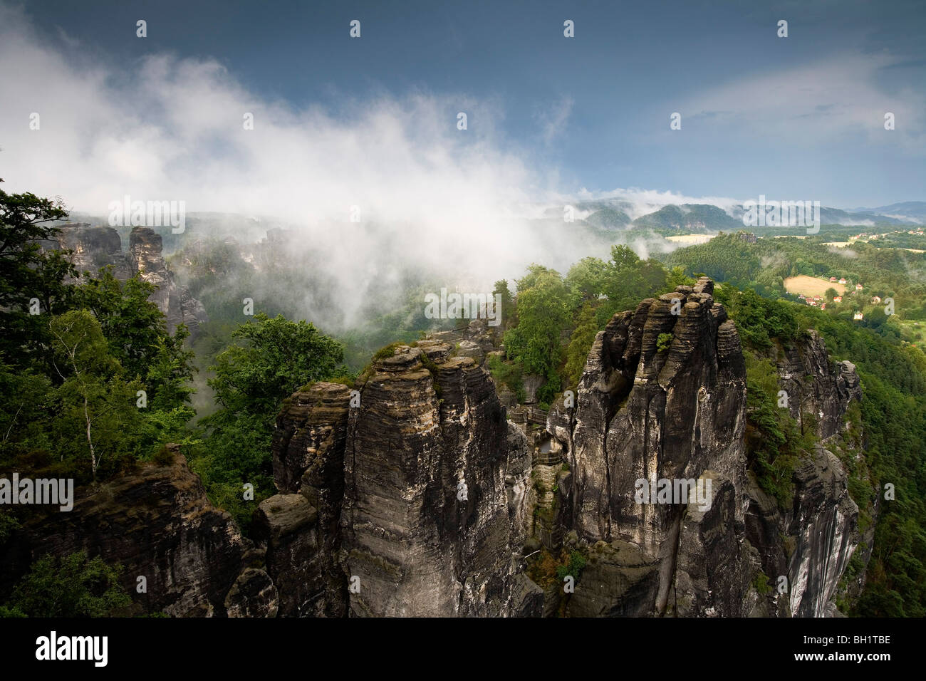 Blick von der Bastei, Sächsische Schweiz, Elbsandsteingebirge, Sachsen, Deutschland Stockfoto
