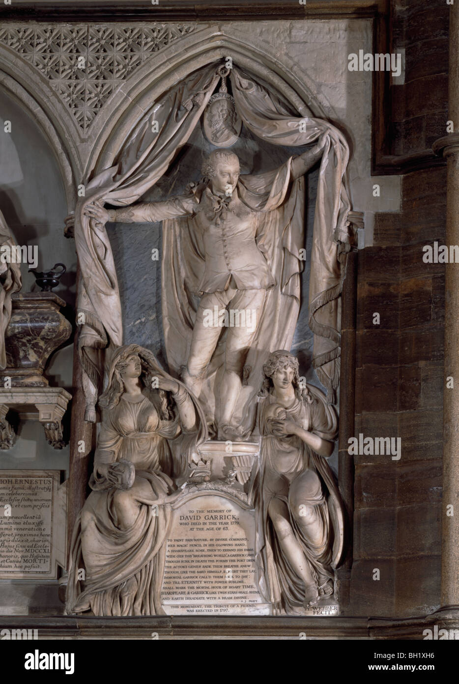 Westminster Abbey Denkmal für David Garrick starb 1779 von H Webber zeigen Schauspieler nehmen letzte Vorhang. London England Stockfoto