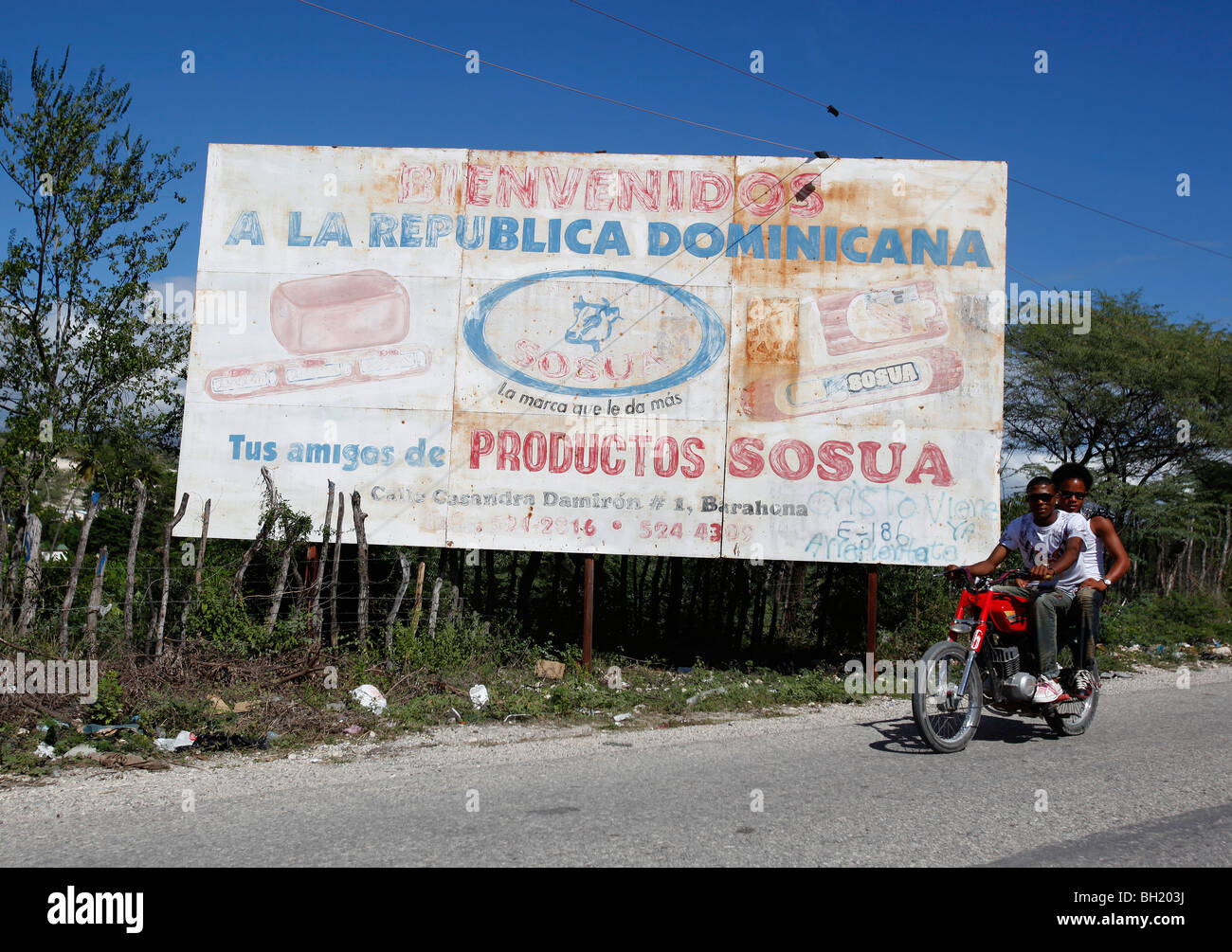 Werbung Werbetafel, Motorrad, Dominikanische Republik Stockfoto