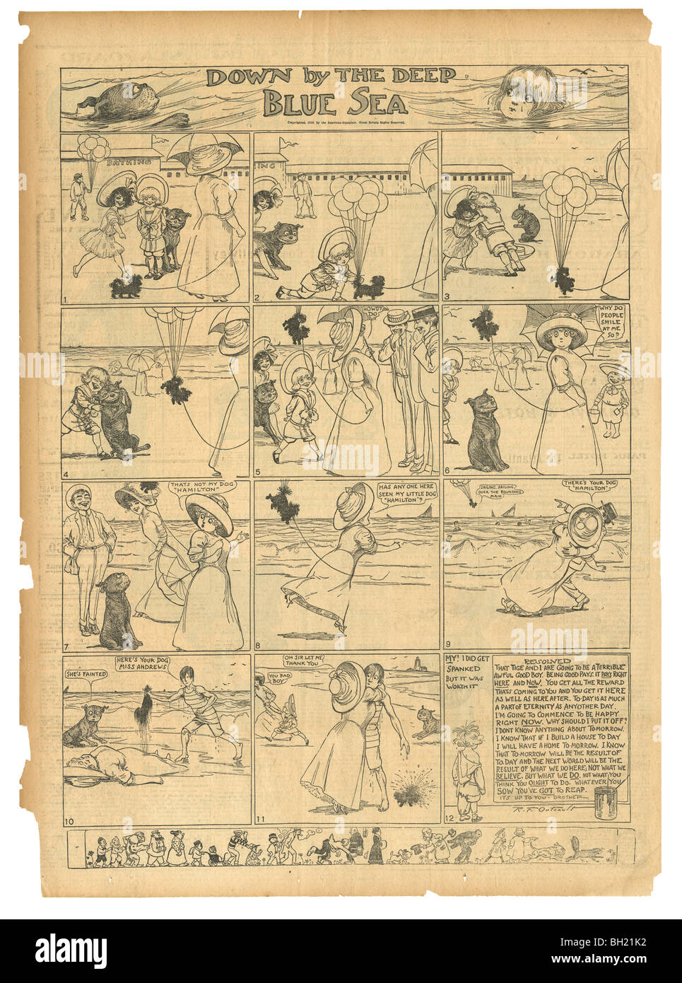 1910 Buster Brown Zeitung Comic von R.F. Capers, mit dem Titel "Down by the Deep Blue Sea." Stockfoto