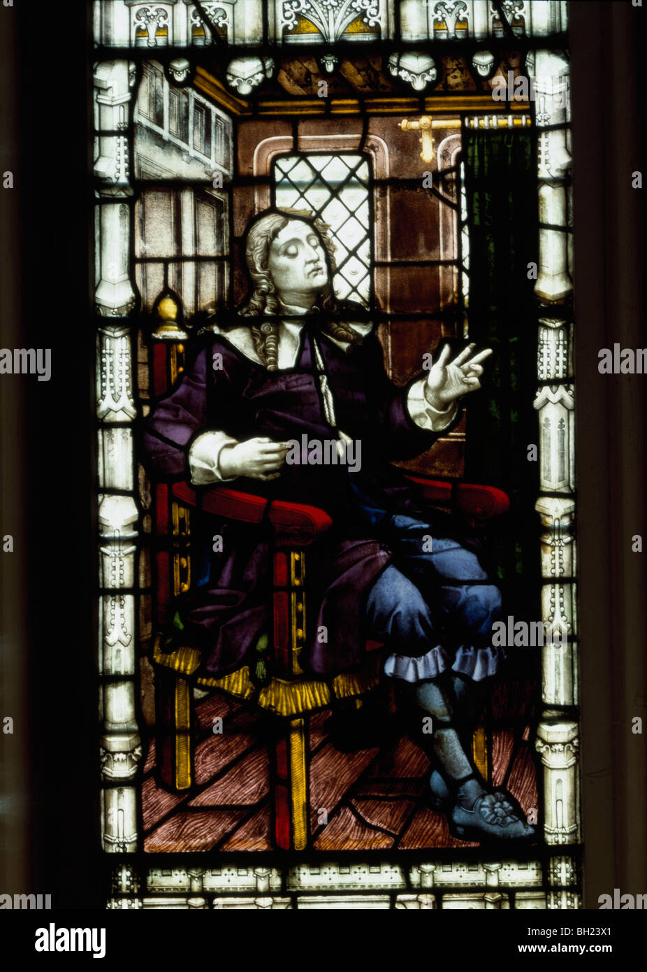 St Margarets Kirche Westminster 19. Jahrhundert Glasfenster blind John Milton in seinem puritanischen Kostüm. Stockfoto