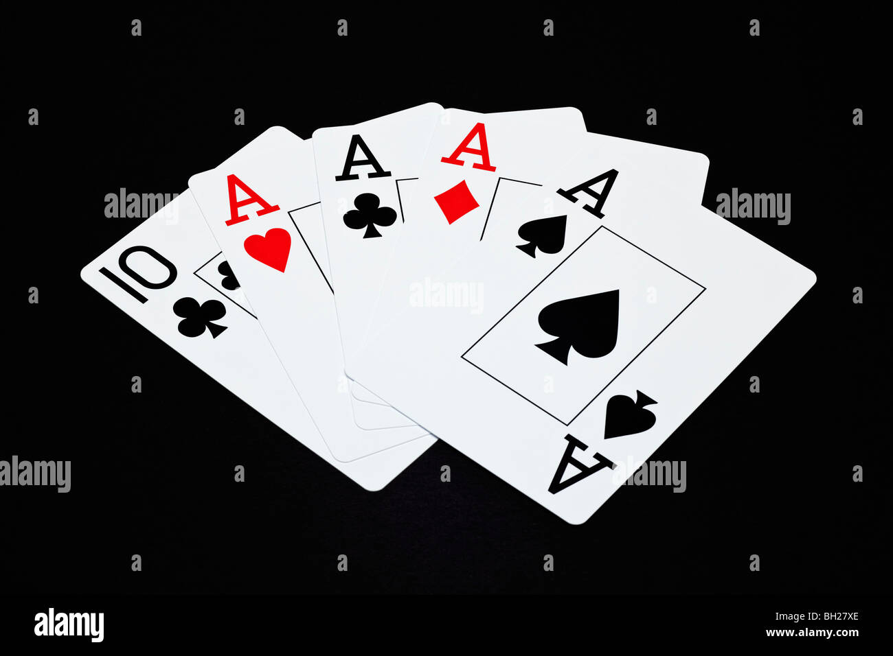 Die Karten zeigen eine Vier einer Art Poker Hand mit Asse Stockfoto
