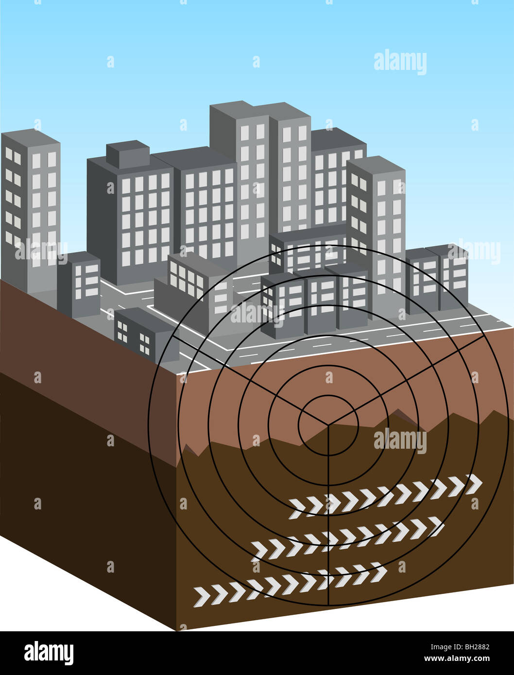 Eine bebilderte Szene zeigt das Epizentrum eines Erdbebens. Stockfoto