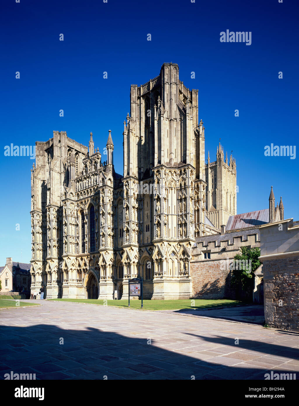 Die Westwand der Kathedrale in der Stadt Wells, Somerset, England. Stockfoto