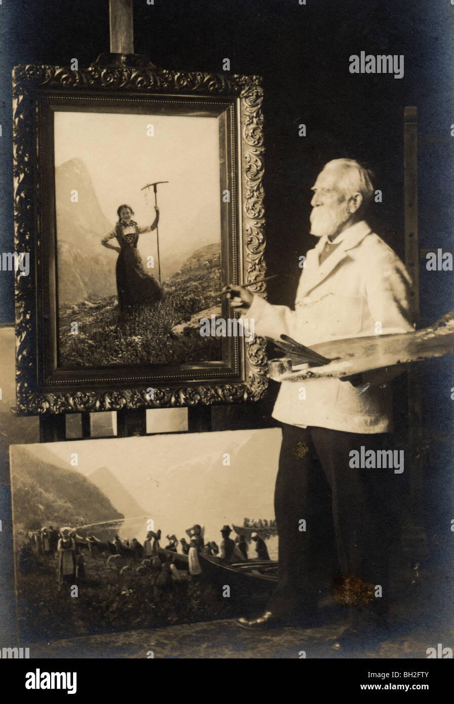Alternden Künstler Malerei romantische Landschaft Stockfoto