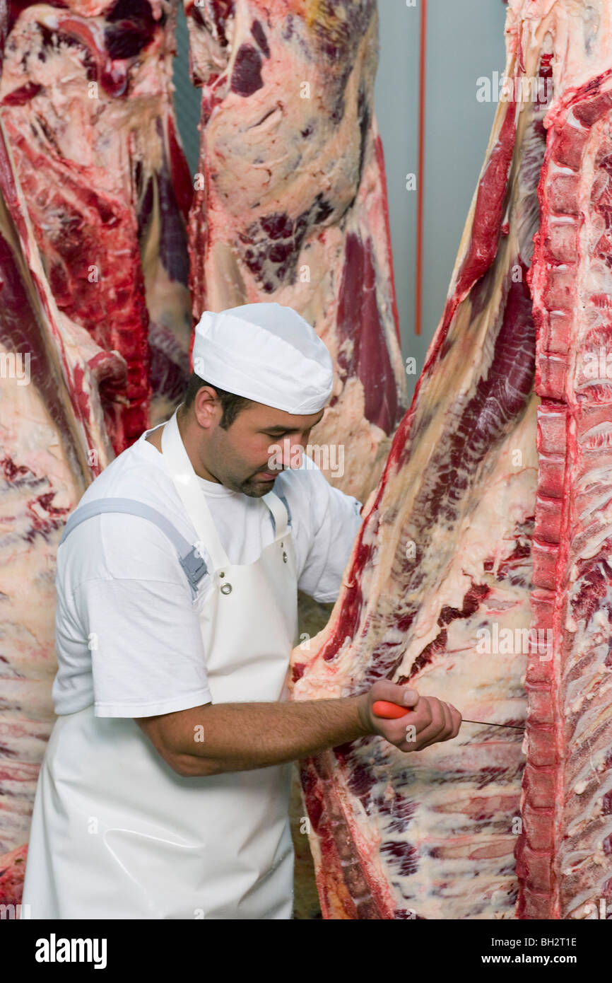 Metzger arbeitet auf eine halbe Kuh. Stockfoto