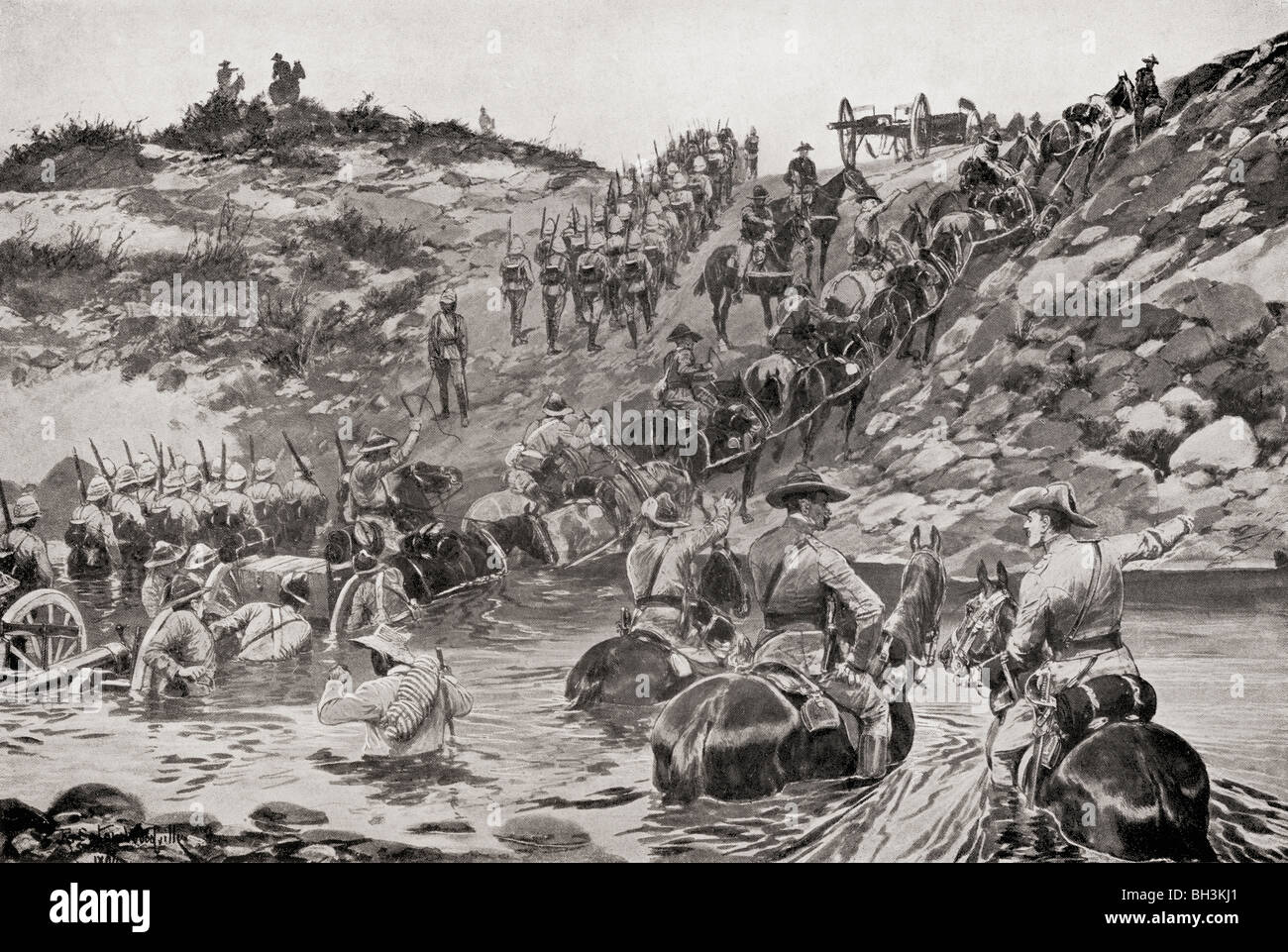 Britische Kräfte fording einen Fluss zwischen Camp Frere und geistlichen während des Zweiten Burenkrieges. Stockfoto
