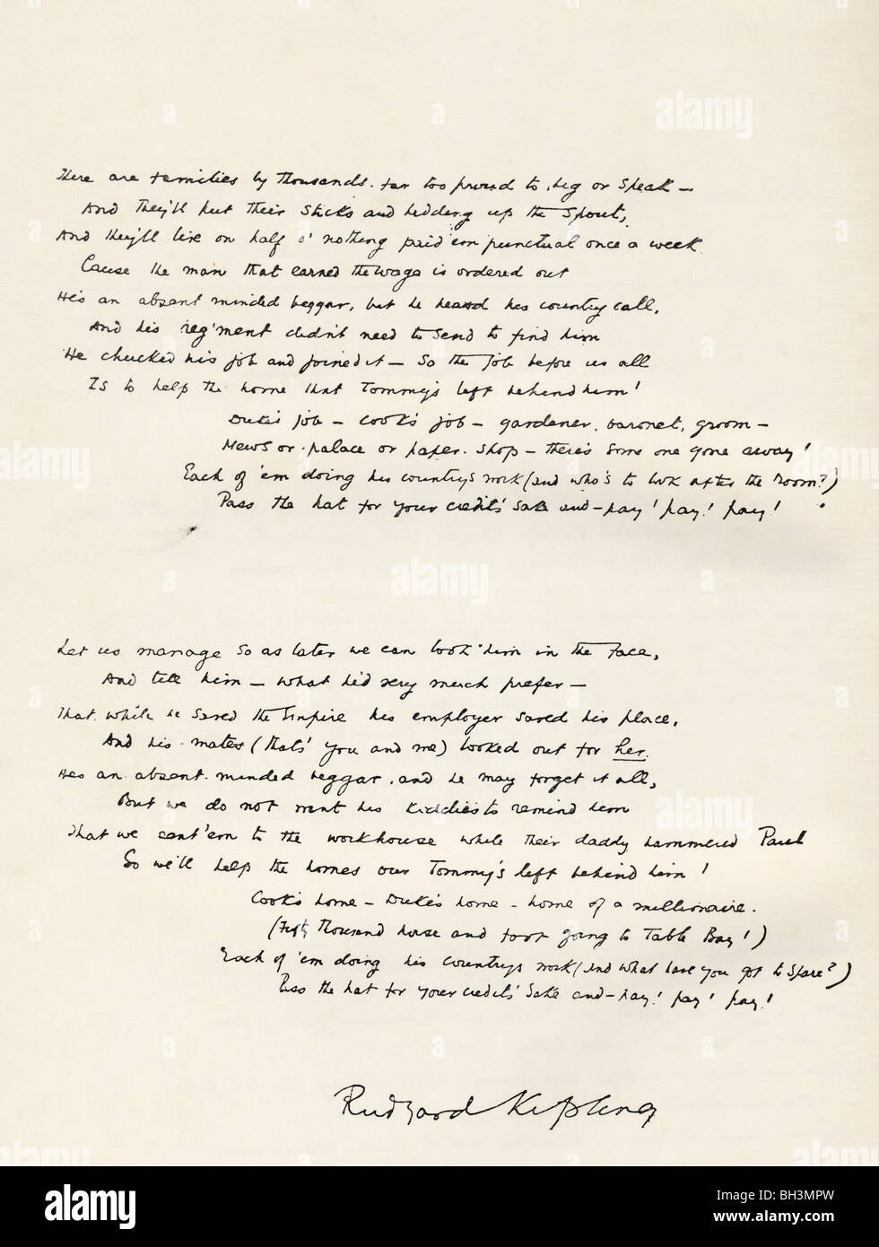 Stichprobe von Rudyard Kipling's Handschrift. Die Abwesend Bettler, Strophen 3 und 4. Stockfoto