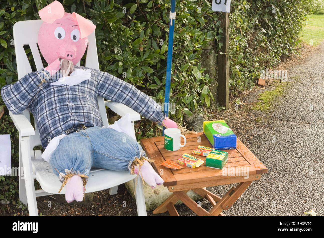 Schwein-Vogelscheuche mit typischen Grippe-Mittel zu Flamstead Scarecrow Festival 2009 Stockfoto