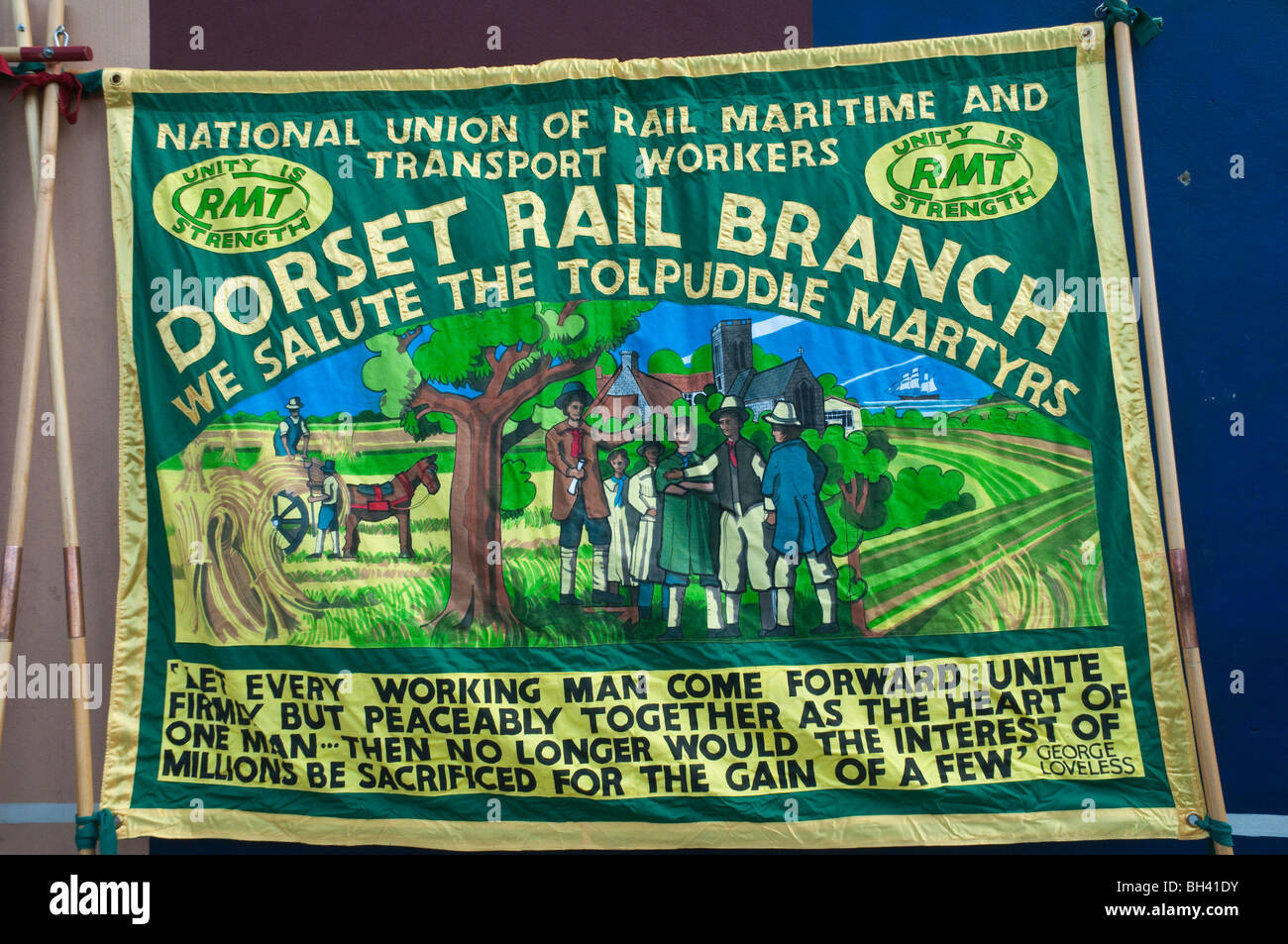 175. Jahrestag des Grand Demonstration Tolpuddle Märtyrer zu unterstützen. Dorset Schiene Verzweigung RMT Banner begrüßt die Märtyrer Stockfoto