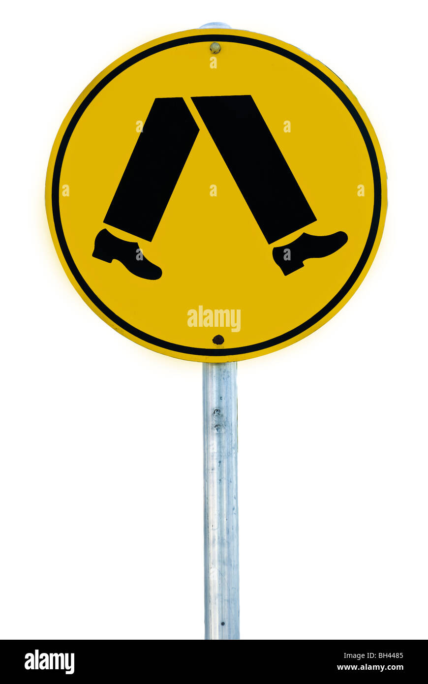 Ein Fußgängerüberweg Zeichen, bestehend aus ein paar Beine in einem Kreis, isoliert auf weiss. Stockfoto