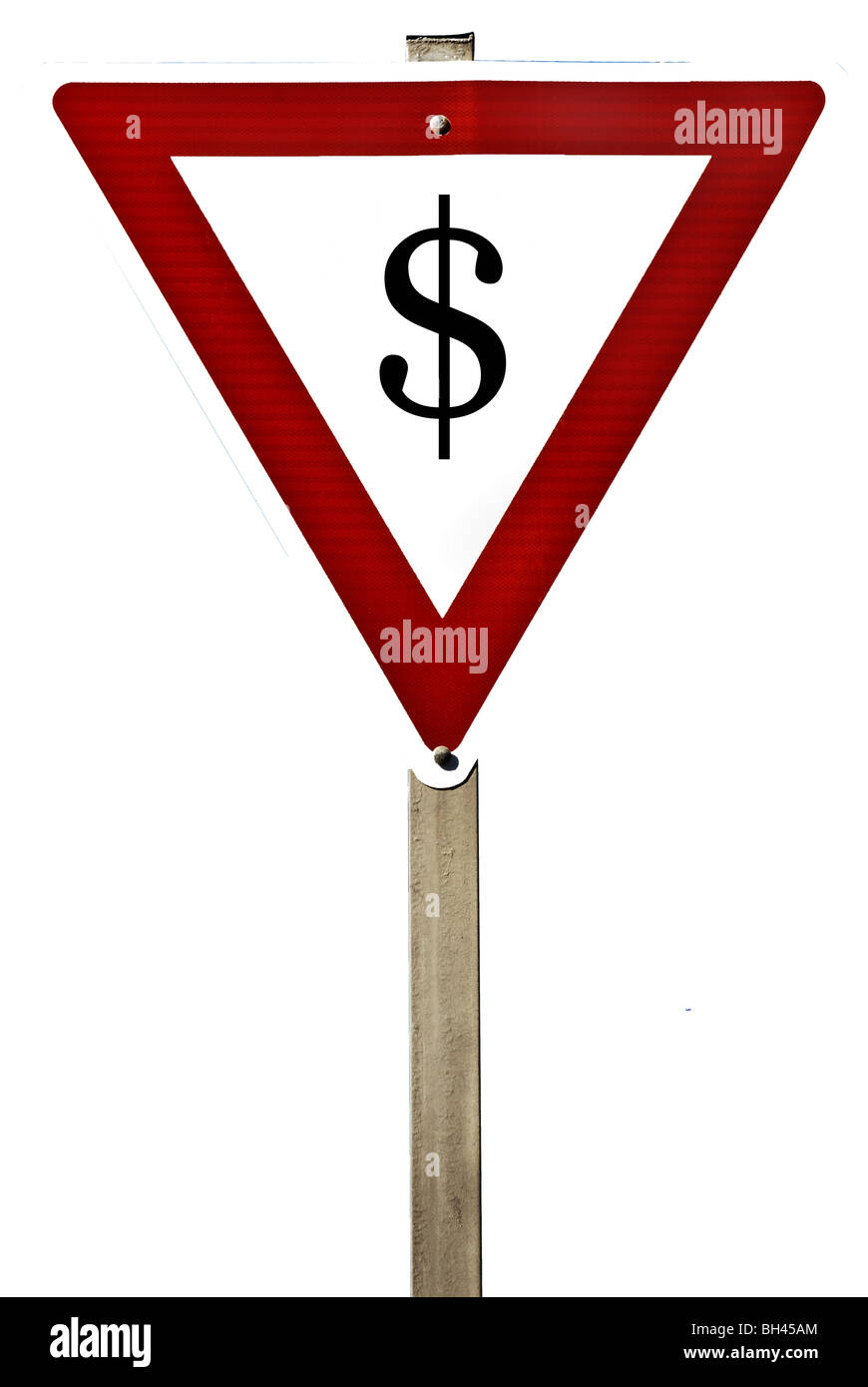 Ein Schild mit dem Zeichen "$" drauf, isoliert auf weiss. Stockfoto