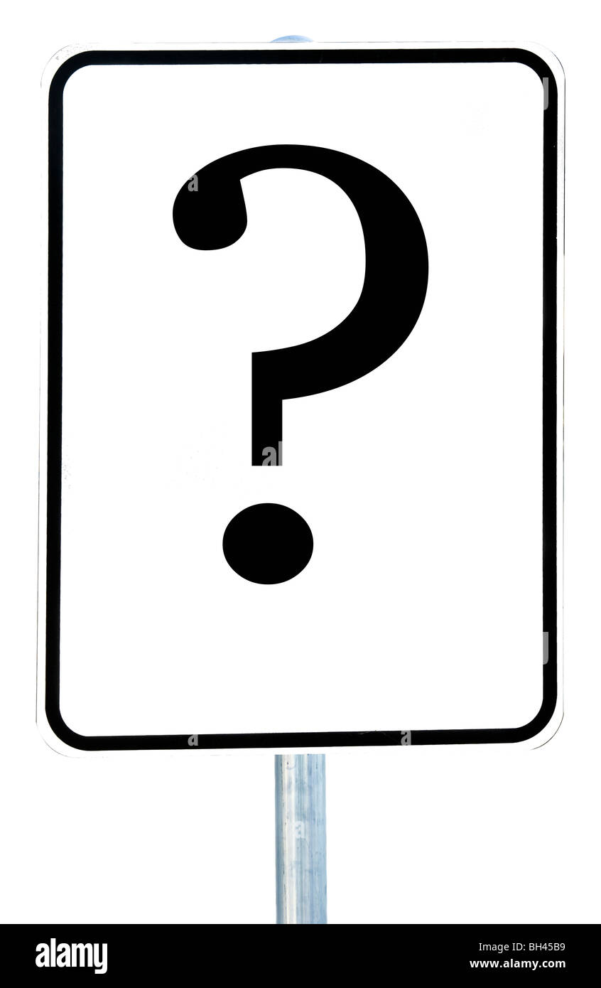 Ein Schild mit einem Fragezeichen auf es isoliert auf weiss. Stockfoto