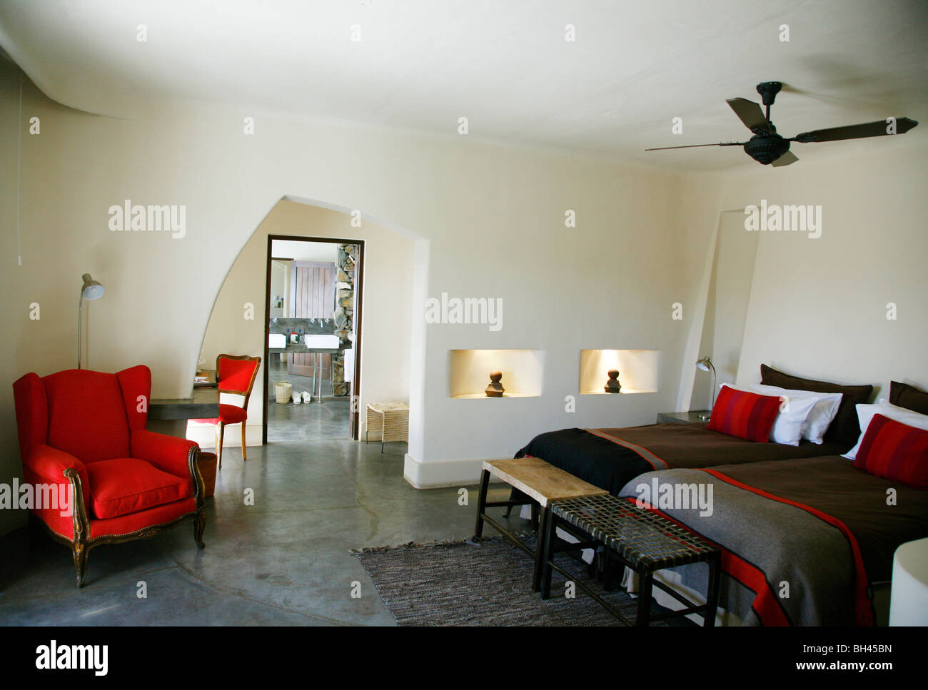 Das Schlafzimmer im luxuriösen Cavas Wine Lodge, Lujan de Cuyo, Mendoza, Argentinien. Stockfoto