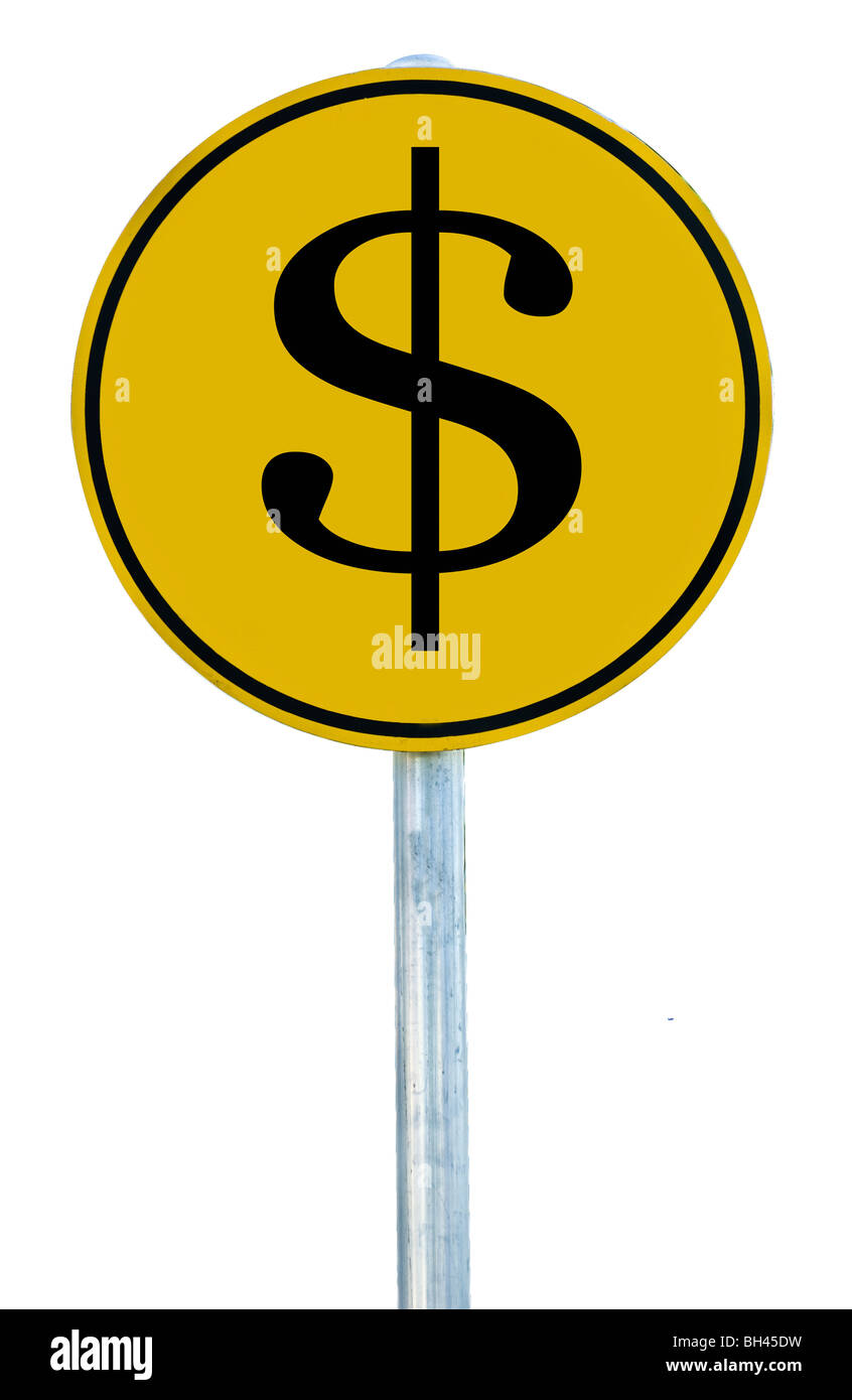 Ein Schild mit einem Dollarzeichen ($) anmelden es isoliert auf weiss. Stockfoto