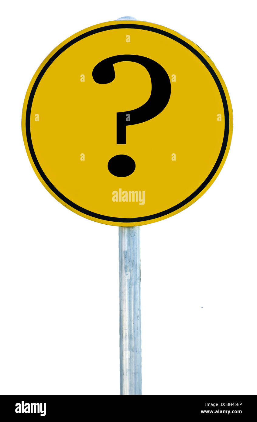 Ein Schild mit einem Fragezeichen auf es isoliert auf weiss. Stockfoto