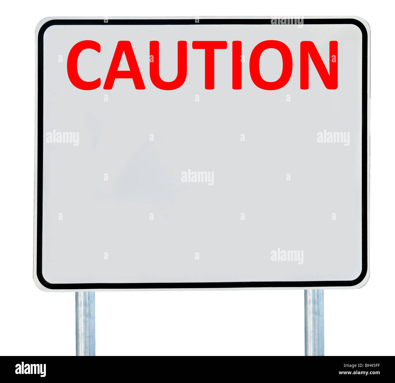 Ein Schild "Vorsicht" isoliert auf weiss. Stockfoto