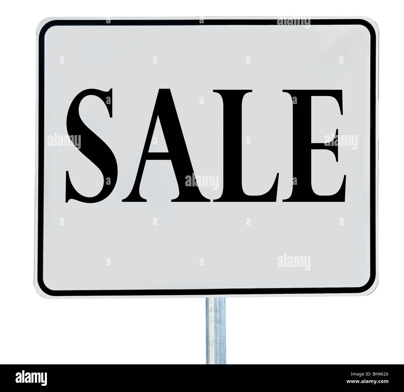 Ein Verkaufsschild isoliert auf weiss Stockfoto