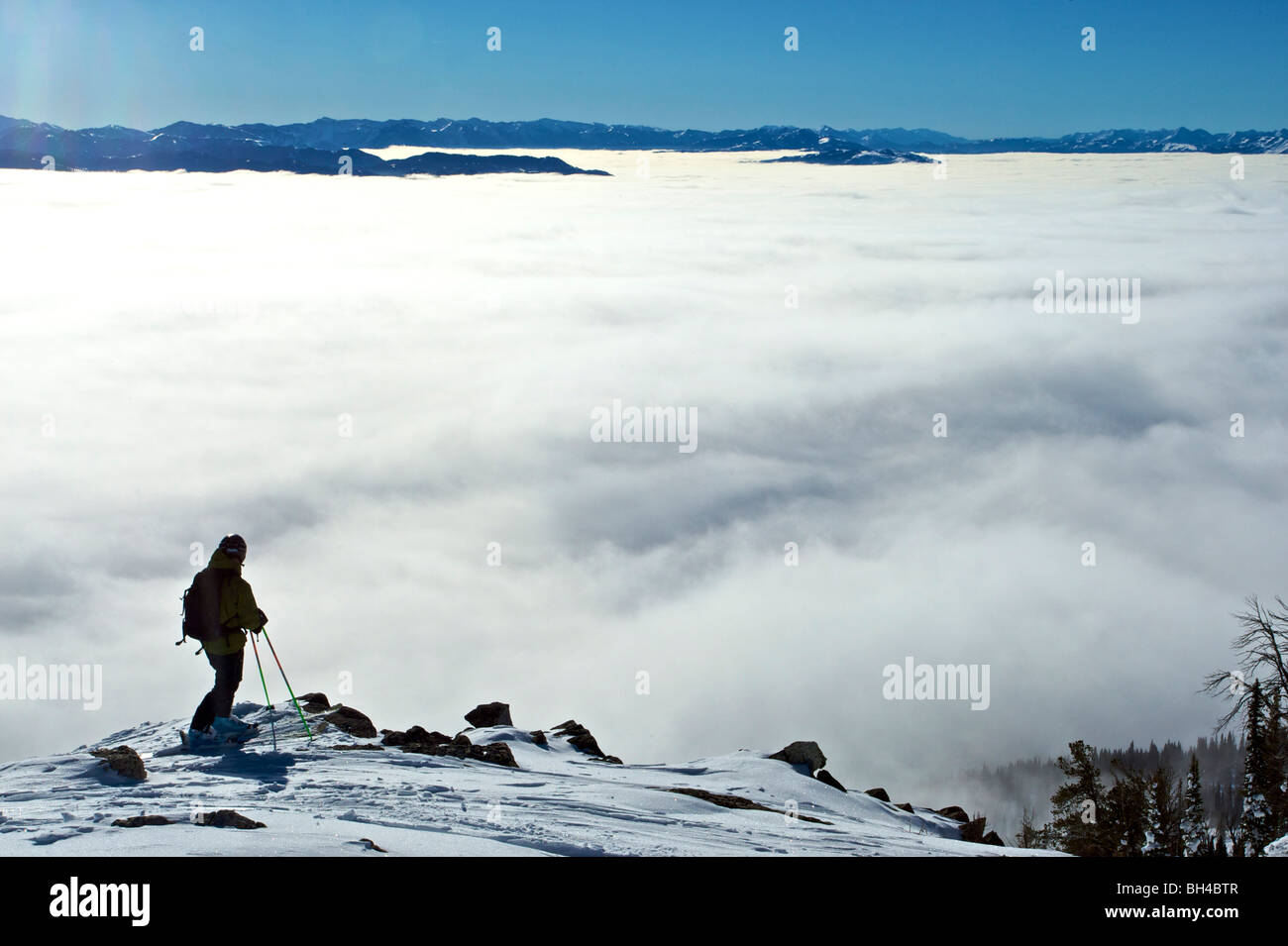 Ein Mann hält beim Skifahren und blickt in eine Wolke gefüllten Tal in Jackson Hole, Wyoming. Stockfoto