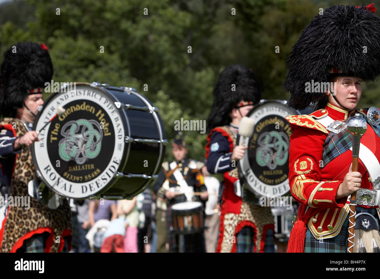 Pipe Band bei Lonach Highland Games. Stockfoto