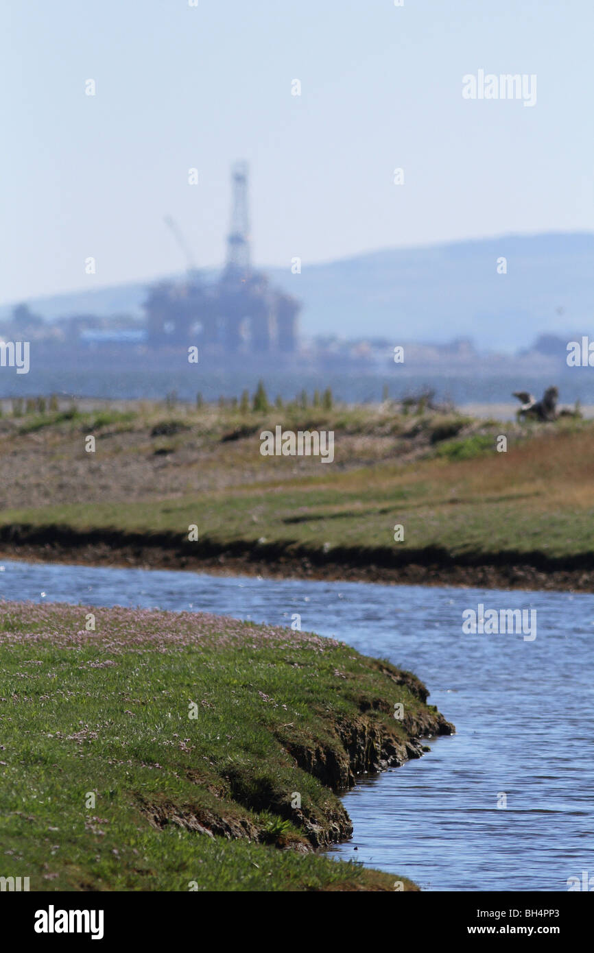 Bohrinsel im Bau am Cromarty Firth mit Salzwiesen Lebensraum im Vordergrund. Stockfoto