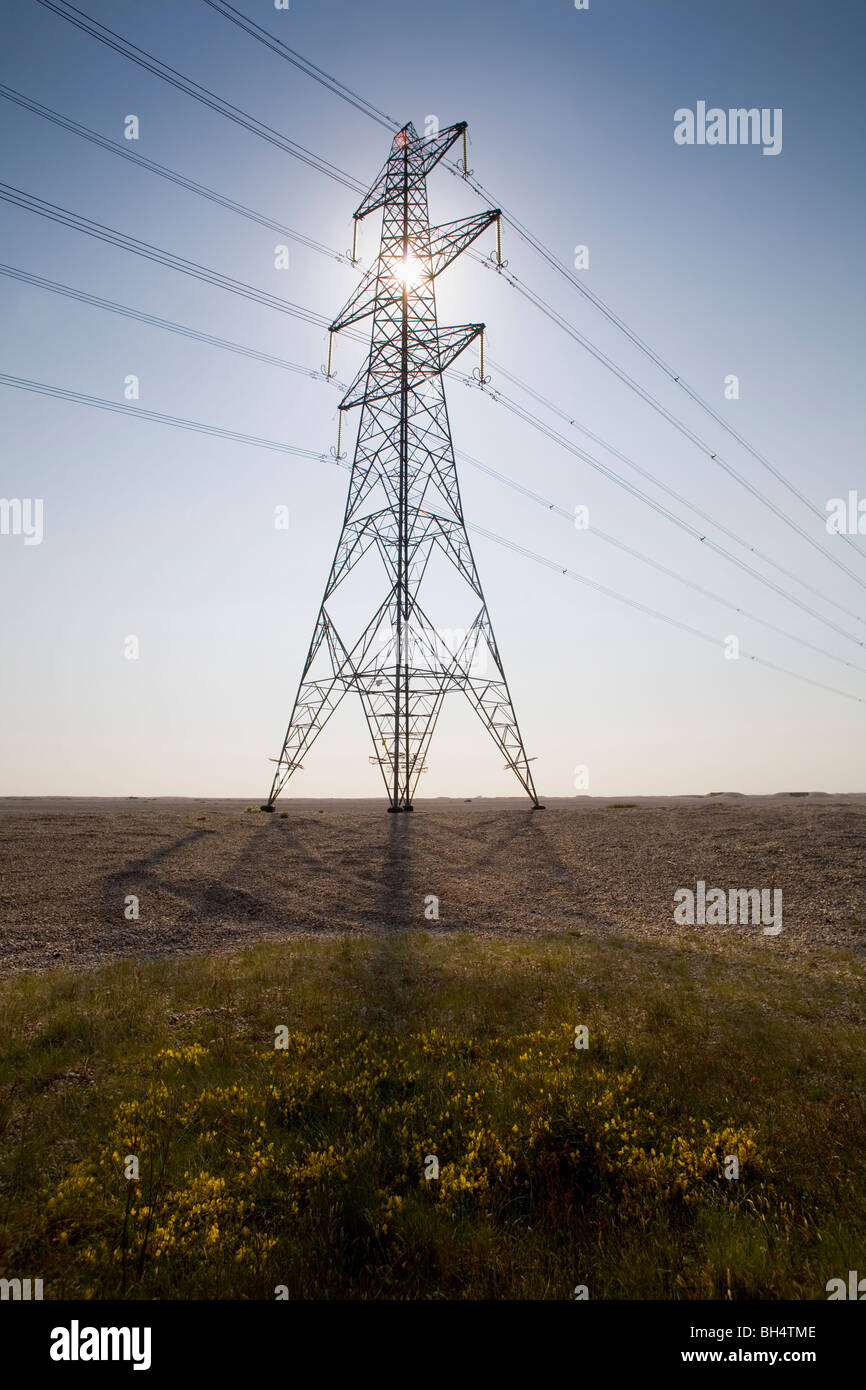 Strommasten aus Kernkraftwerk Dungeness plant uk bei Sonnenuntergang Stockfoto