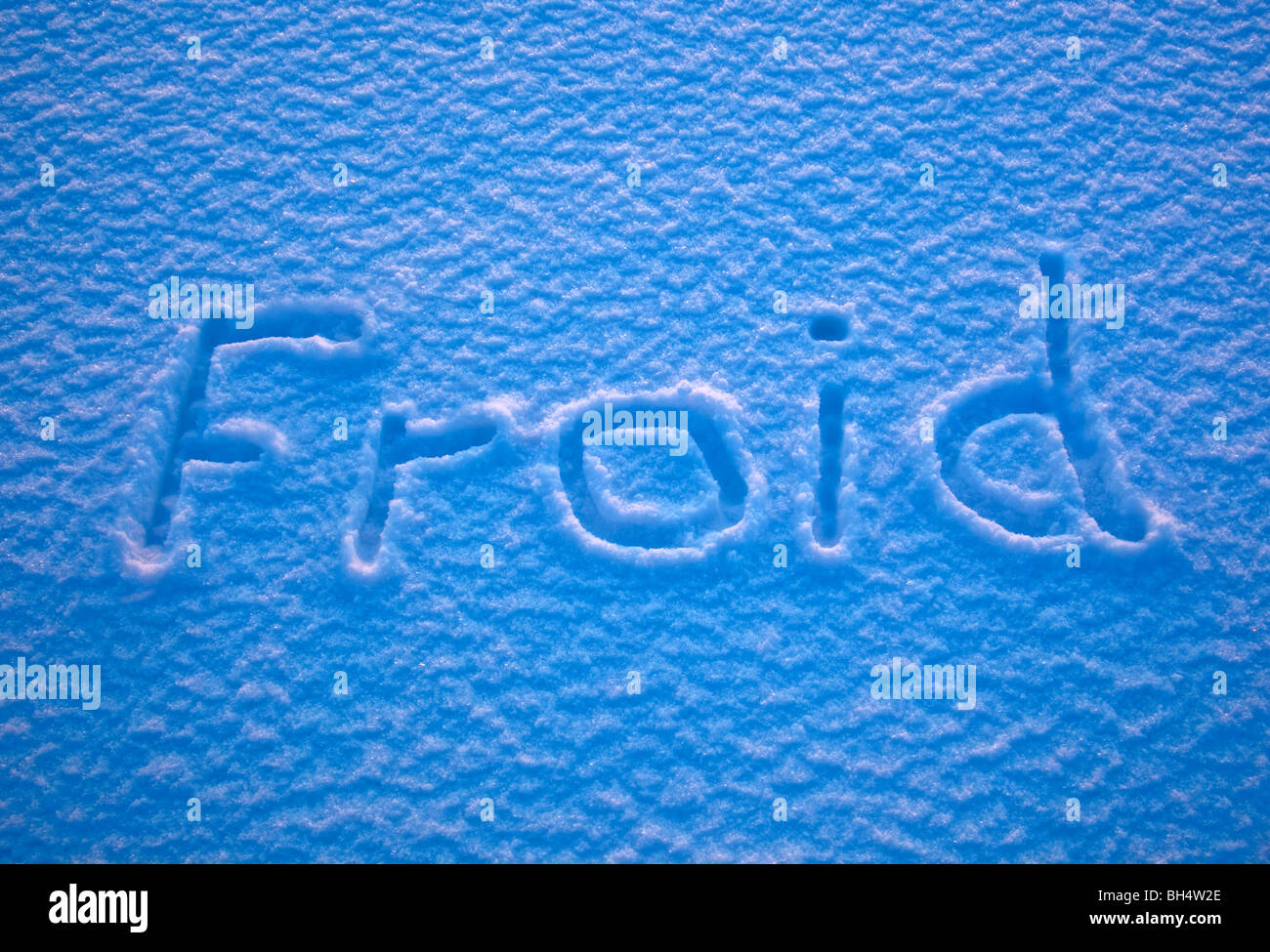 Das französische Wort für Kälte - Froid - ausgeschrieben im Schnee Stockfoto