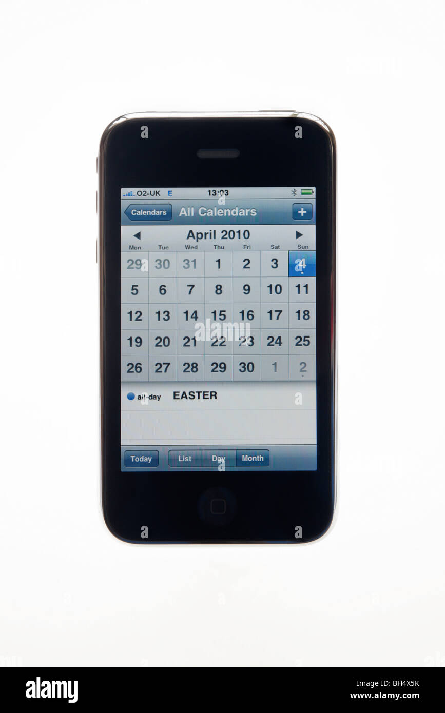 Großbritannien und Europa. iPhone 3G zeigt April 2010 Kalender-Anwendung Stockfoto