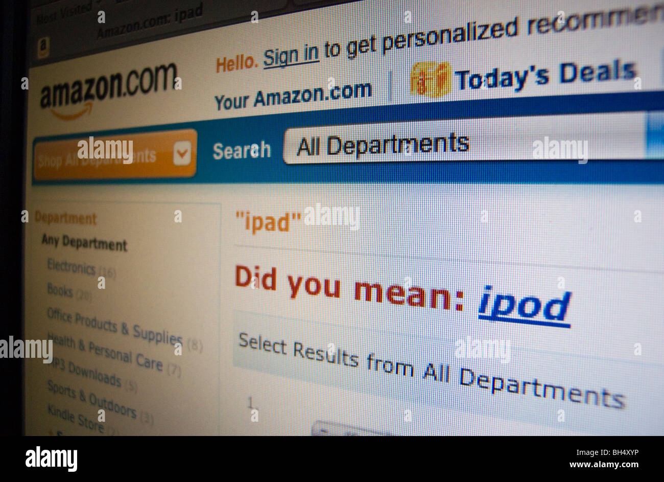 Eine Suche auf der Amazon-Website des 'iPad' bringt die Alternative "iPod" Stockfoto