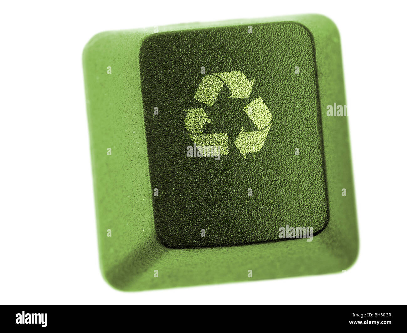 Grüne Computer-Tastatur mit drei-Pfeil Recycling Symbol isoliert auf weiss Stockfoto