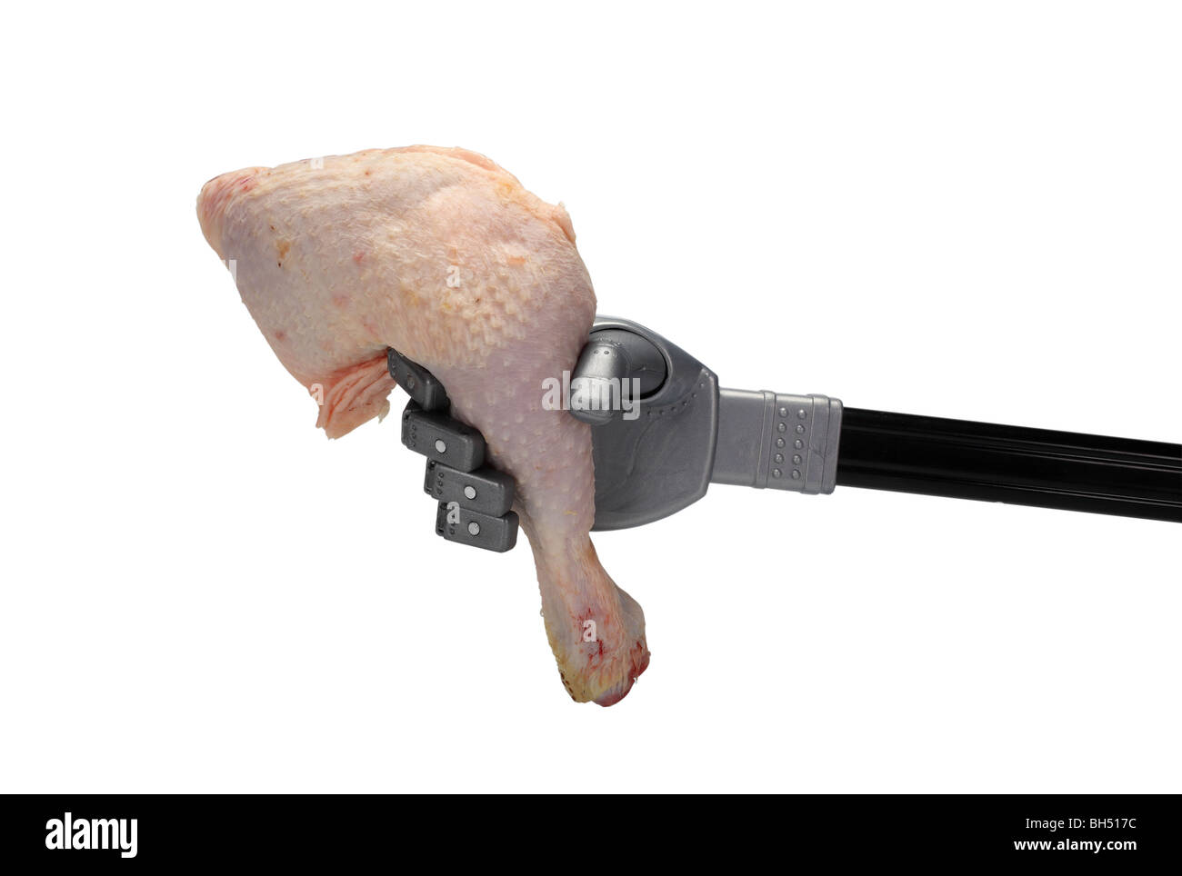Roboter rohem Hühnerfleisch Bein Trommelstock Vorbereitung Essen hungernden Proteinen Fleisch Lebensmittel Beine Fleischhühner essen rohes Geflügel greifen Hand Stockfoto
