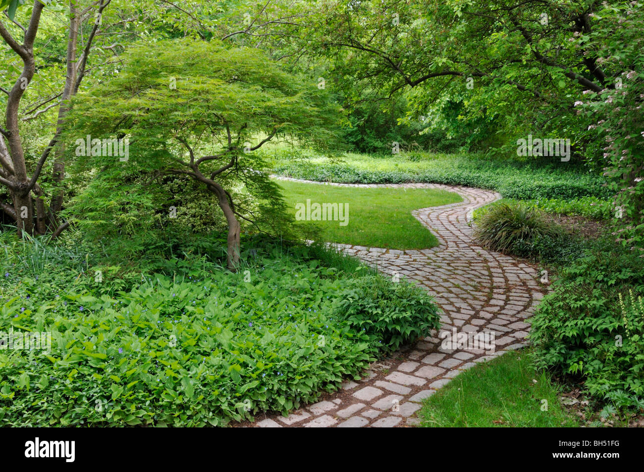 Garten mit verschlungenen Pfaden Stockfoto