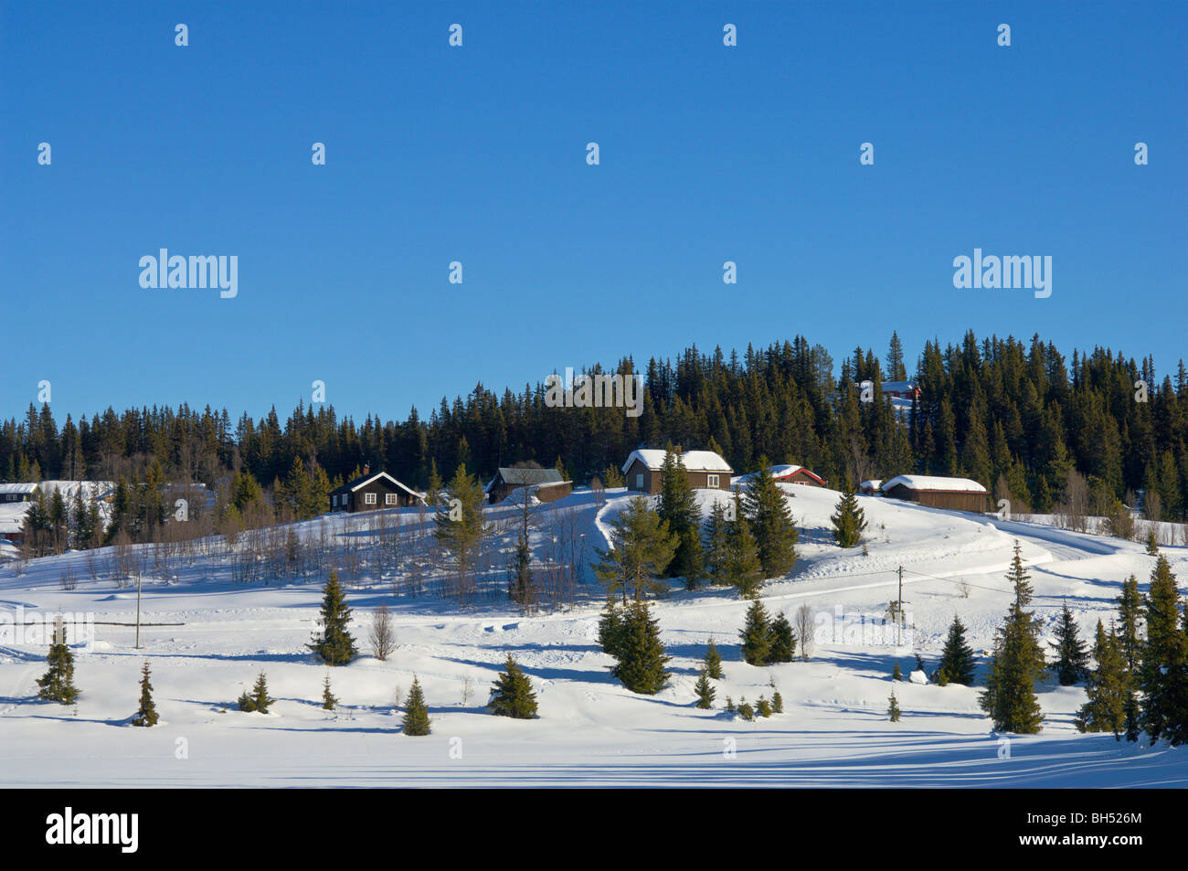 Ferienhäuser auf verschneiten Hügel in Valdres. Stockfoto