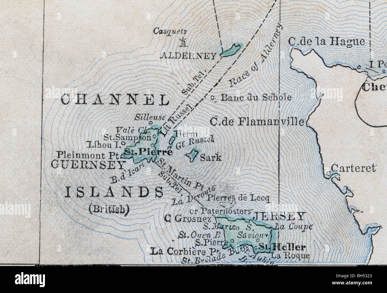 Alte Karte der Kanalinseln aus original Geographie Lehrbuch, 1884 Stockfoto