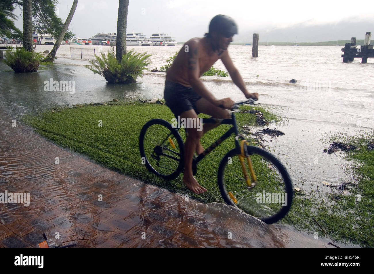 Radfahrer durchquert überflutete Vorland der Stadt Cairns, North Queensland, Australien. Weder Herr PR Stockfoto