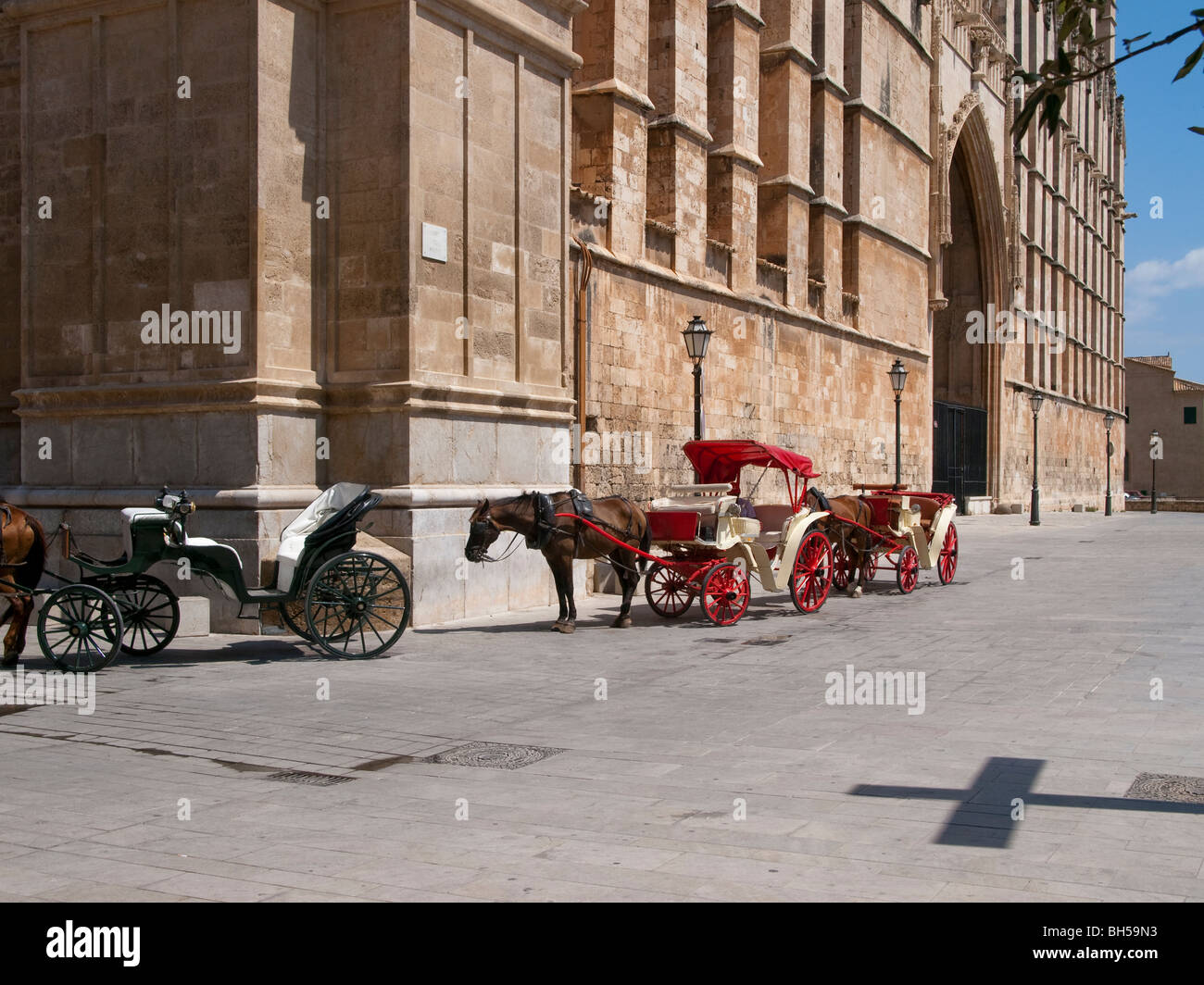 Pferd und Wagen zu fahren, für Touristen in der Kathedrale von Palma de Mallorca (Spanien) Stockfoto