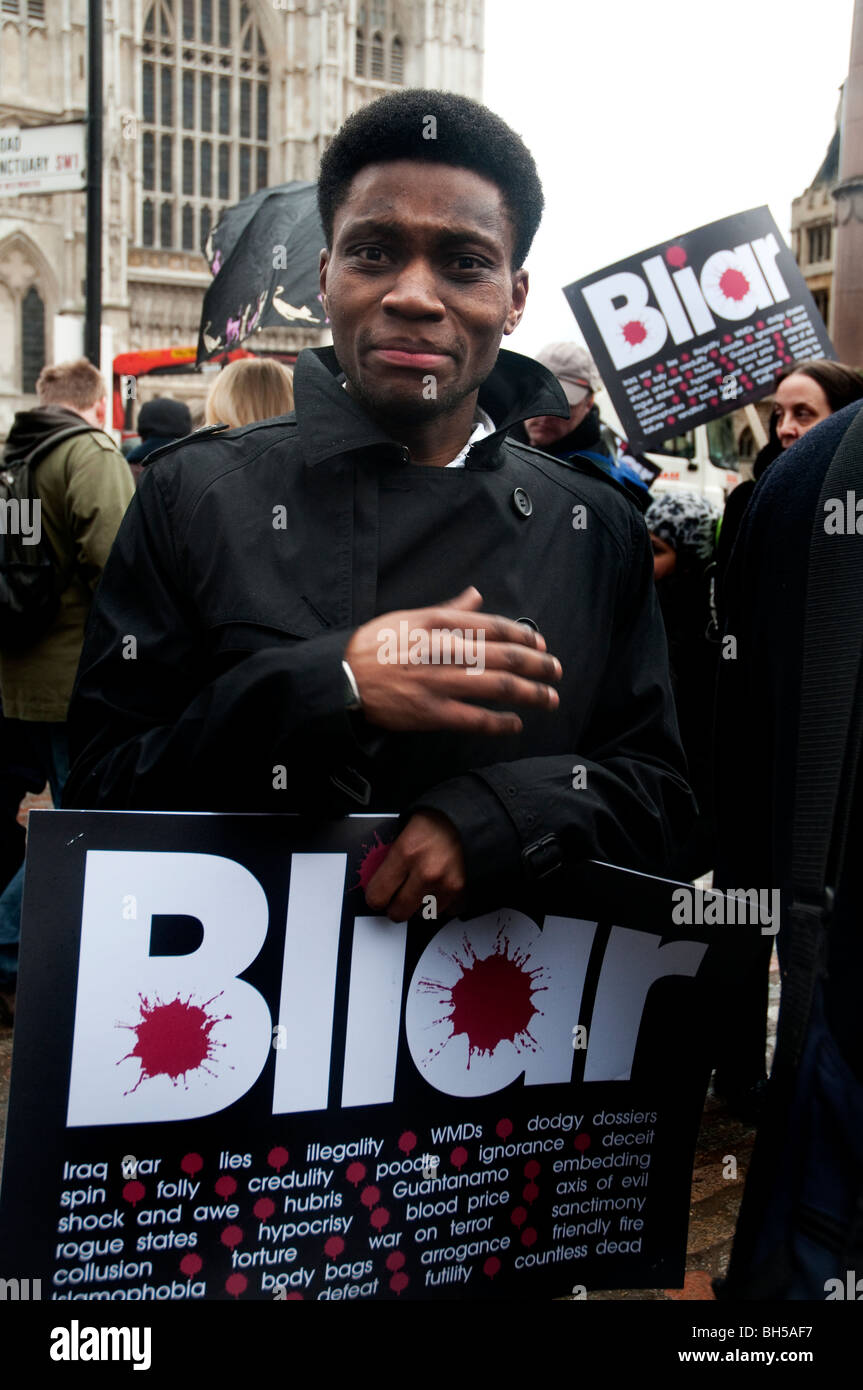 Hunderte versammelten Chilcot Anfrage an Tony Blairs Verhaftung wegen Kriegsverbrechen im Irak London 29.01.10 fordern Stockfoto