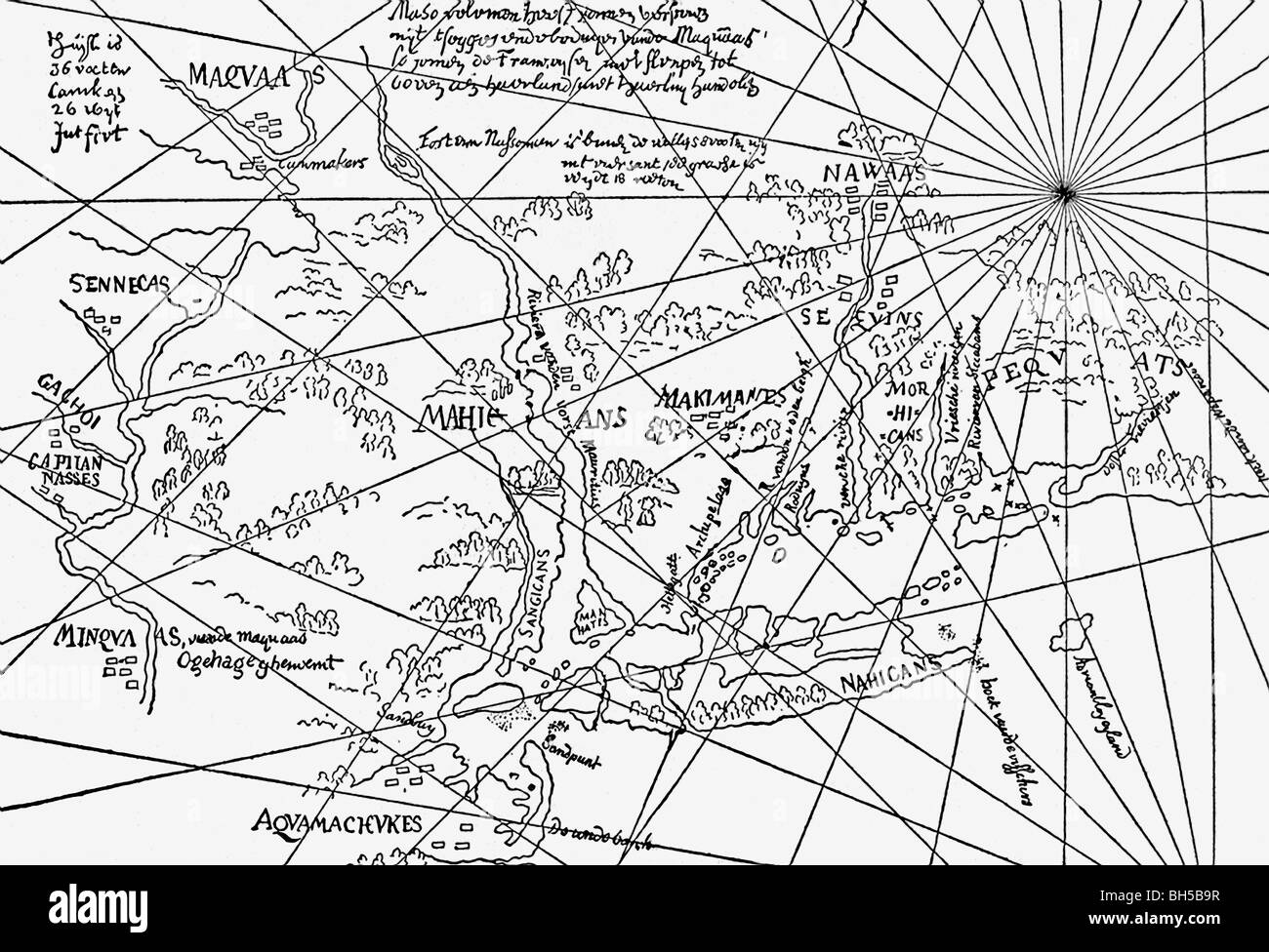 Diese Karte, aus der um die Zeit der ersten Besiedlung, in das frühe 1600 s ist eines der frühesten Nieuw Nederland zeigen. Stockfoto