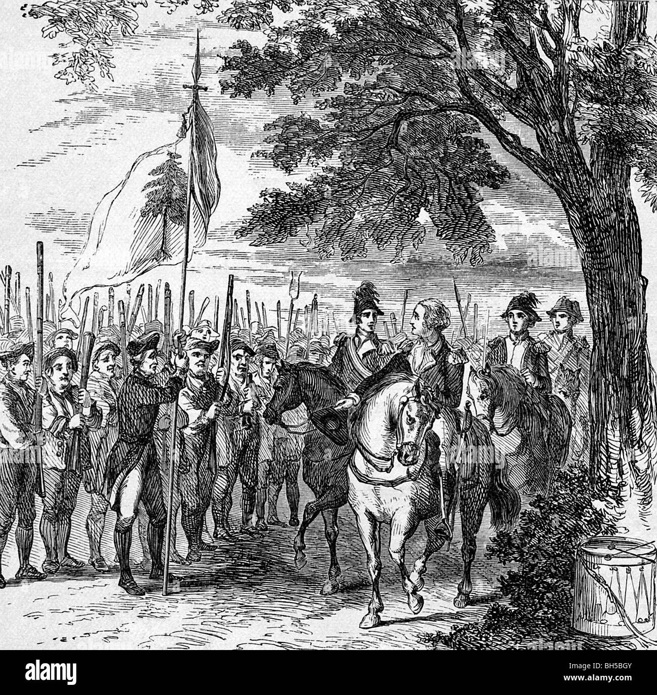 George Washington übernahm das Kommando der Kontinentalarmee im Jahre 1776 und zeigt sich hier Reiten entlang der Linien auf das Gemeinwohl. Stockfoto