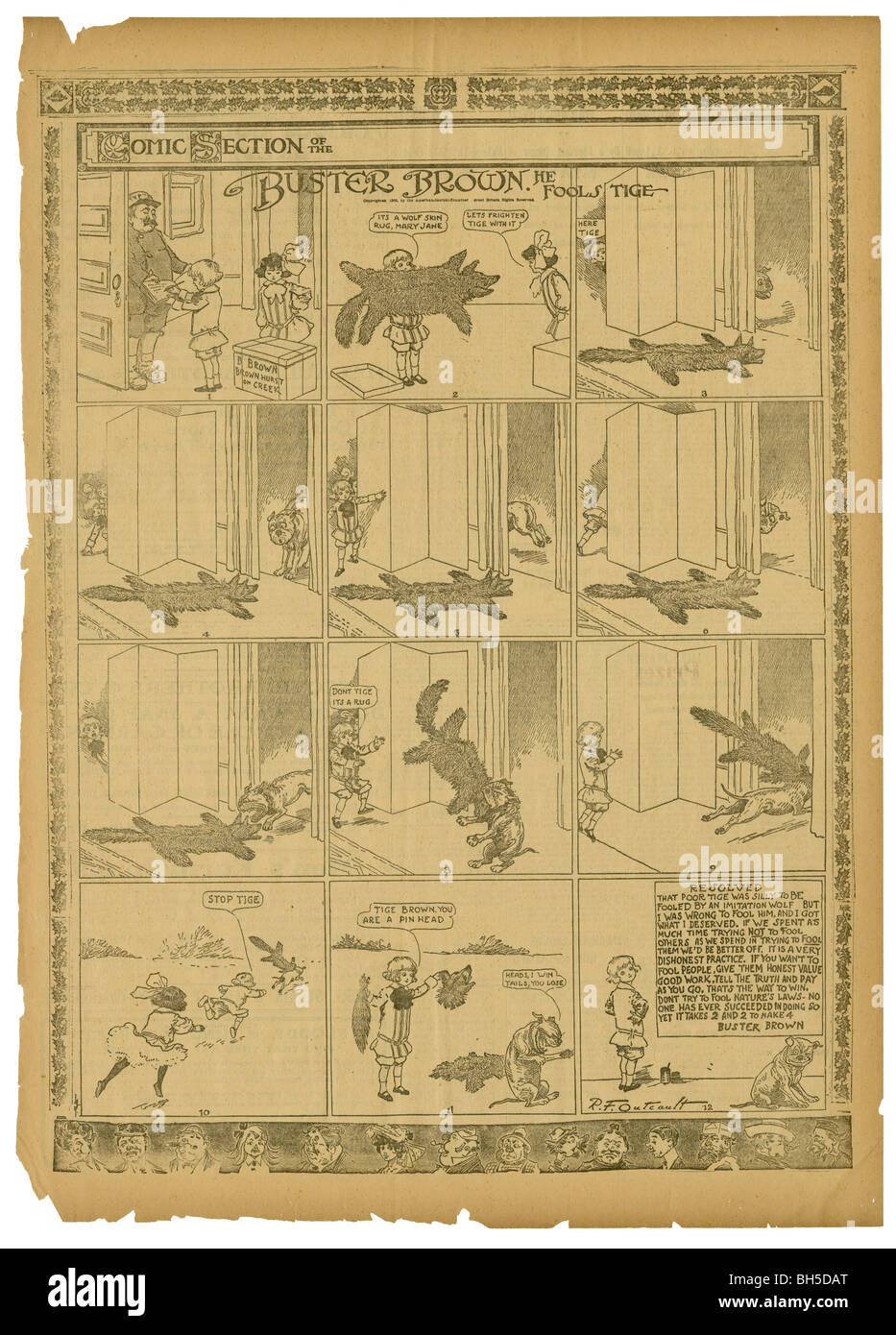 1906-Comicseite Buster Brown von R.F. Capers. Buster und Mary Jane verwendet ein Wolf Haut Rug, um ihren Hund, Tige täuschen. Stockfoto