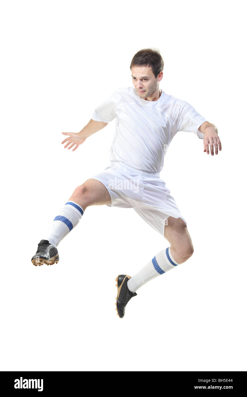 Fußball-Spieler isoliert auf weißem Hintergrund Stockfoto