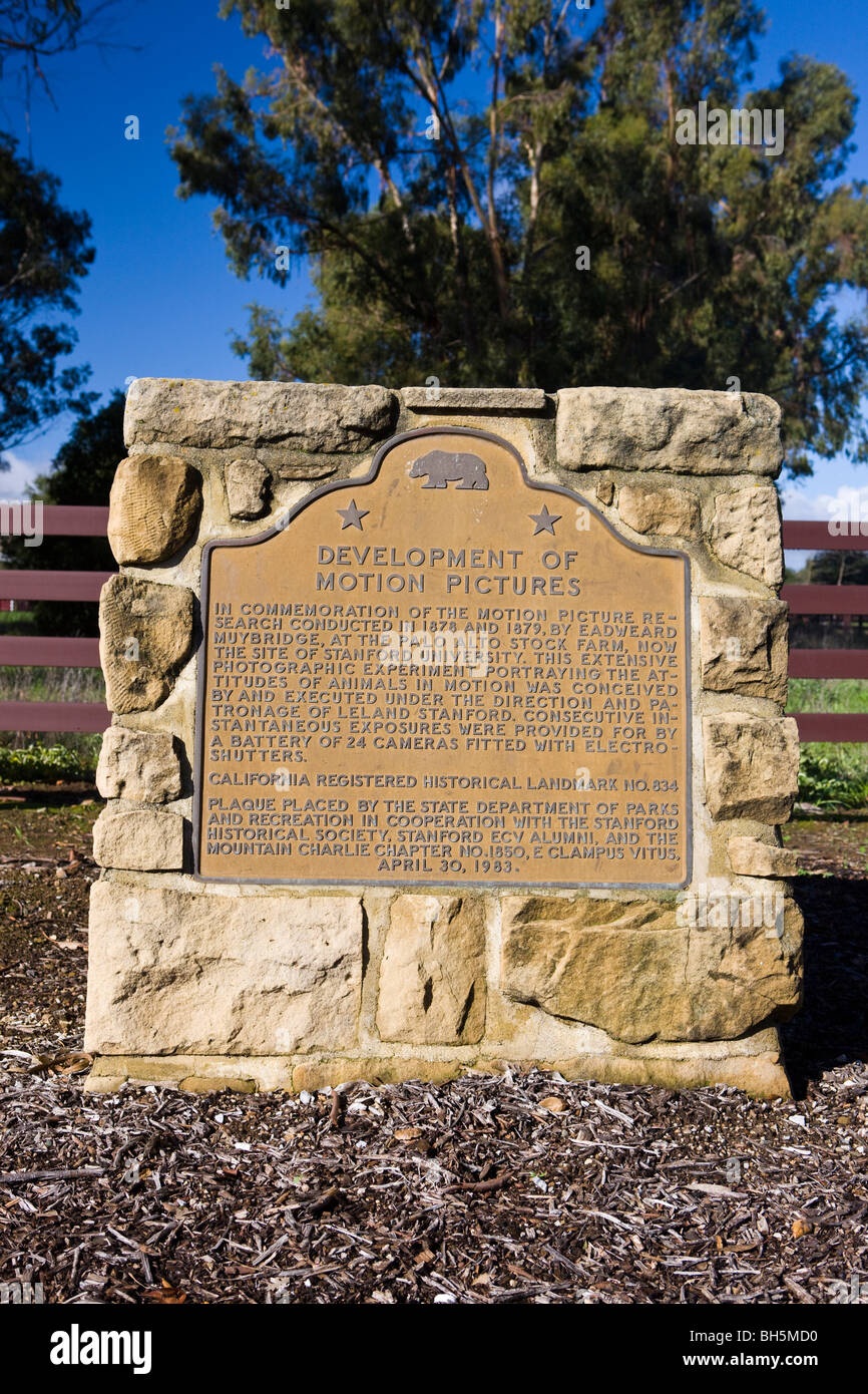 EADWEARD MUYBRIDGE und THE DEVELOPMENT OF MOTION PICTURES California historischen Marker Stanford Universität CA Geschichte USA Stockfoto