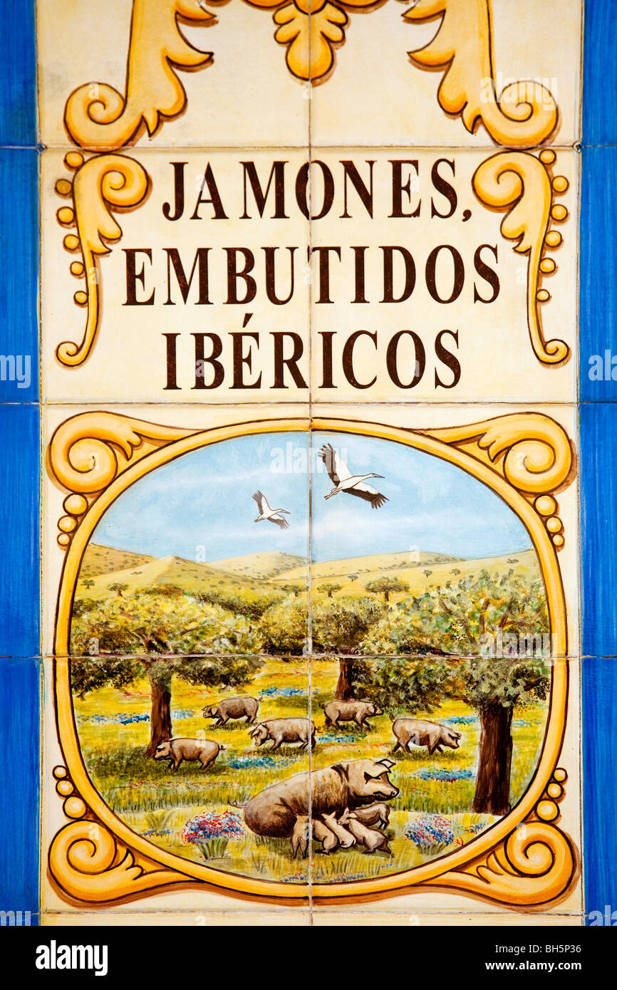 Mosaico de Jamones y Montsà Ibéricos Restaurante Cáceres Extremadura España Mosaik der iberischen Schinken und Würste Spanien Stockfoto