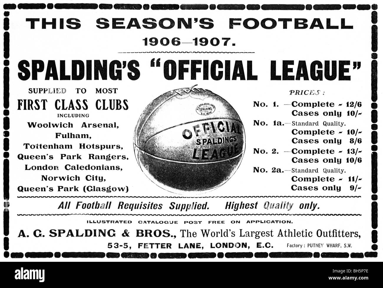 Spalding Football, 1906-Werbung für die englische offizielle Liga-Kugeln  von den meisten der Top-Clubs in dem Land verwendet Stockfotografie - Alamy