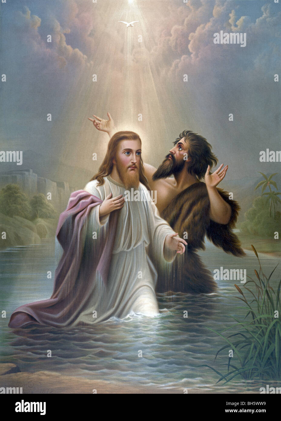 Print c1873 mit dem Titel "Taufe Christi" und zeigt Jesus von Johannes dem Täufer im Fluss