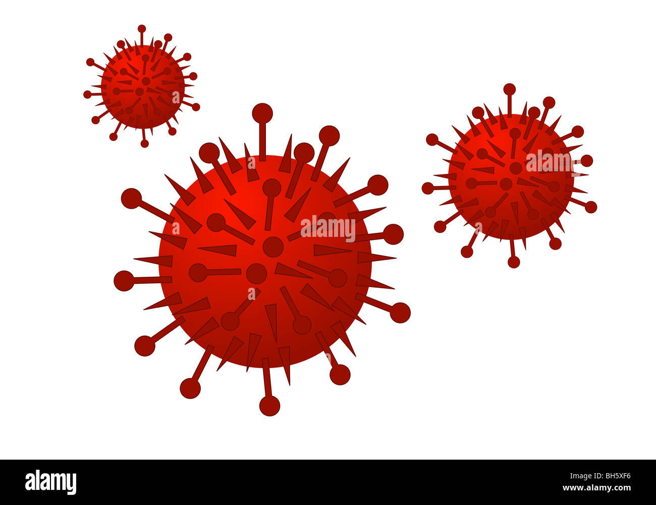 Eine Abbildung zeigt drei stilisierte Viren. Alle isoliert auf weißem Hintergrund. Stockfoto